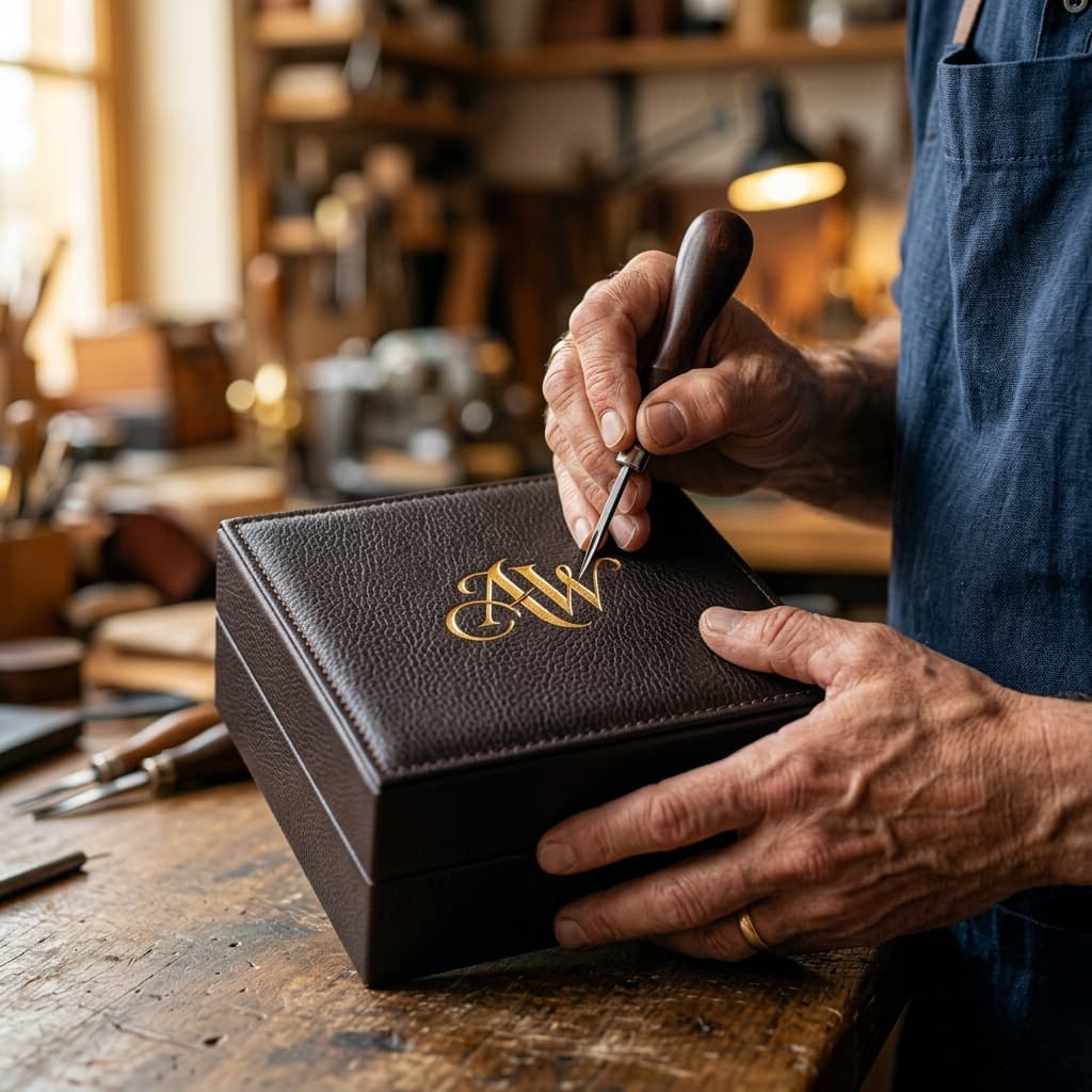 Hand-engraved gold monogram on premium leather gift box — Forever Fuzed personalized gifting